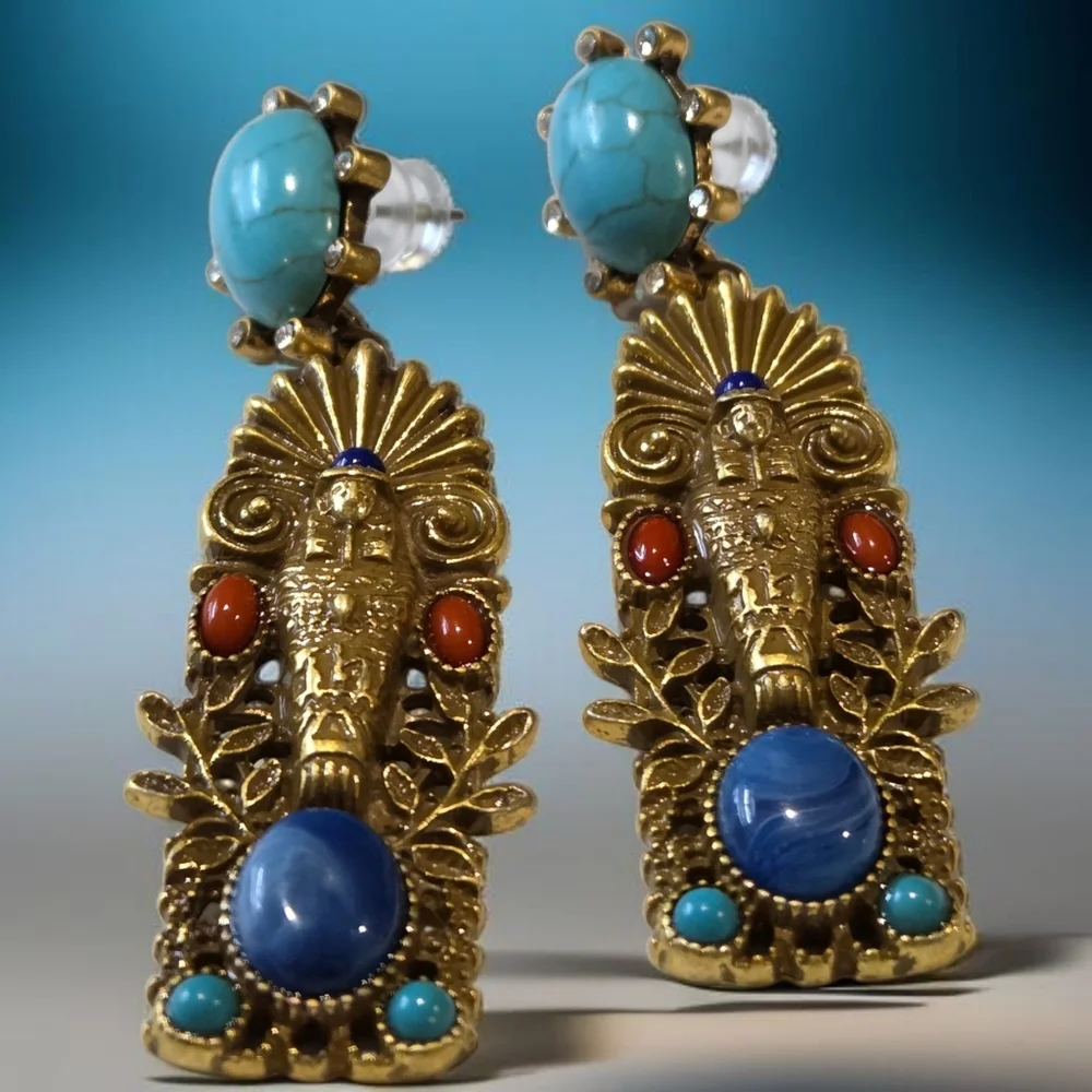 Antique Gold Egyptian Revival Pharaoh Cabochon Crystal Earrings - Picture 4 of 5